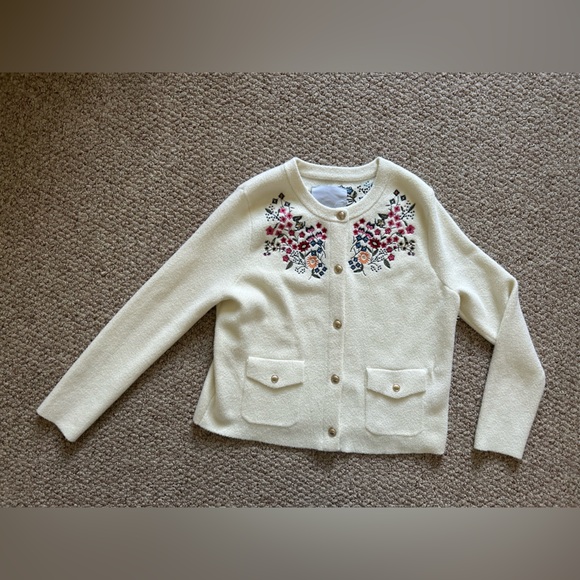 Anthropologie NVLT Button-Front Embroidered Knit Lady Jacket Ivory size L - Picture 6 of 10